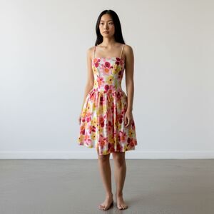 NOS Vintage Tracy & Michael Floral Drop Waist Linen Sleeveless Dress- Size 8